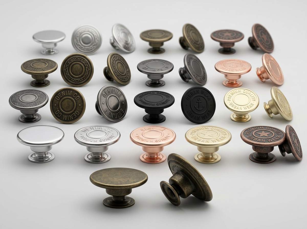 adjustable button, The image shows multiple adjustable button samples in different colors and finishes arranged on a light background.